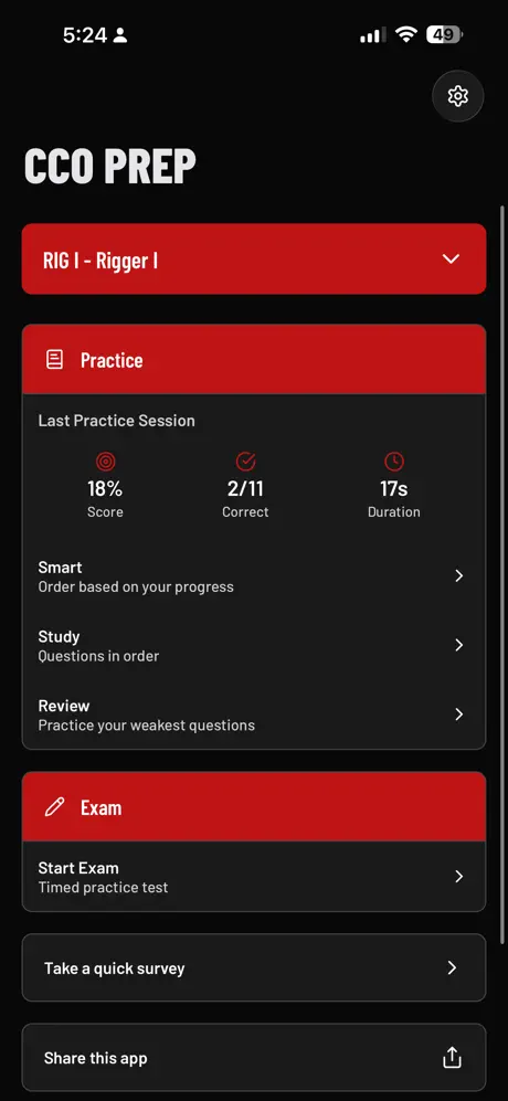 CCO Prep home screen showing the Practice and Exam sections